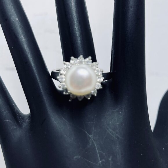 Silver Tone Faux Pearl & Clear Rhinestone Adjustable Statement Ring (R449) - Picture 3 of 9